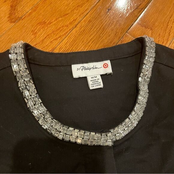 3.1 Phillip Lim Target Black Front Zip Peplum Beaded Top Size Medium - Picture 6 of 7